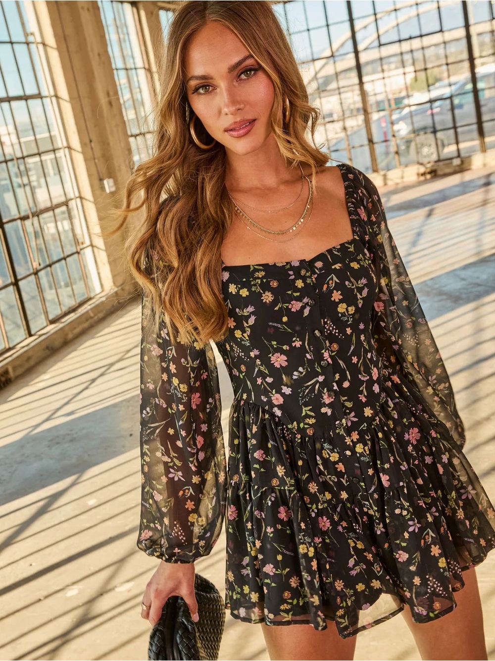 Floral Black Square-Neck Romper